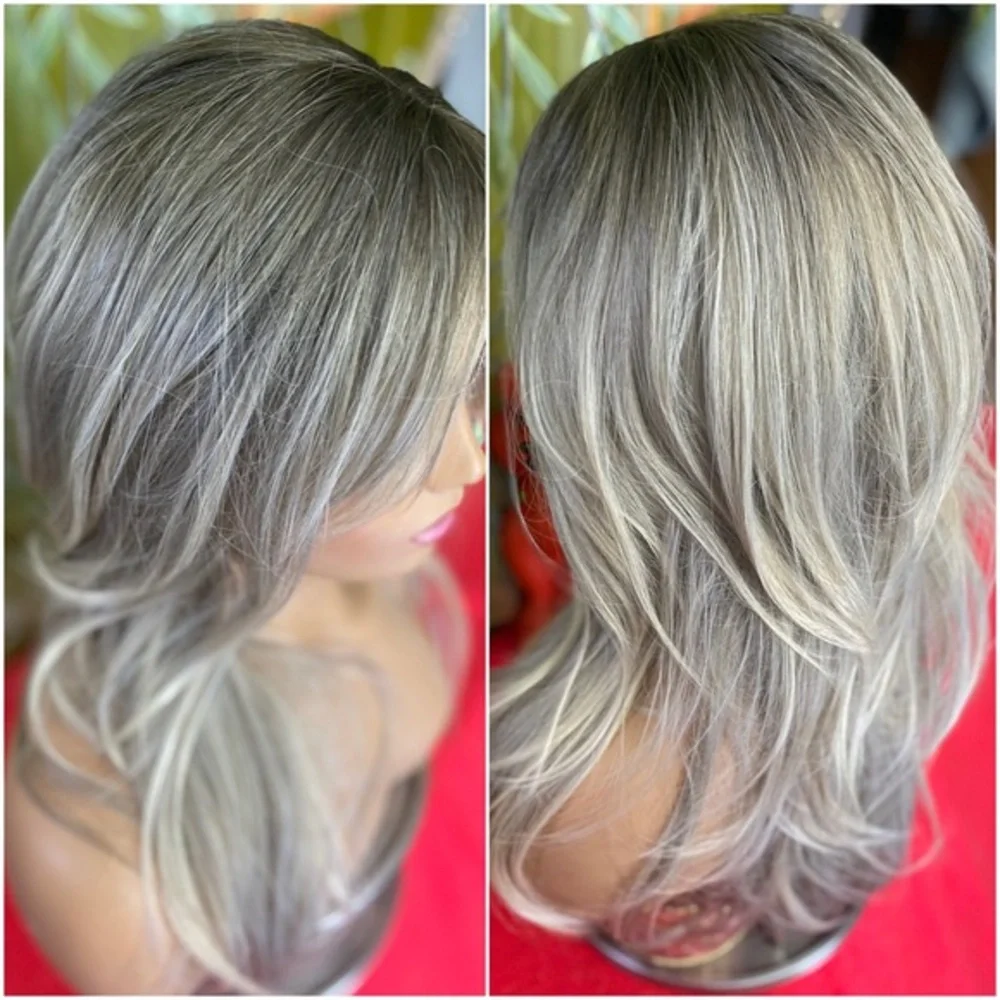 grey blonde long layered wig curtain bangs